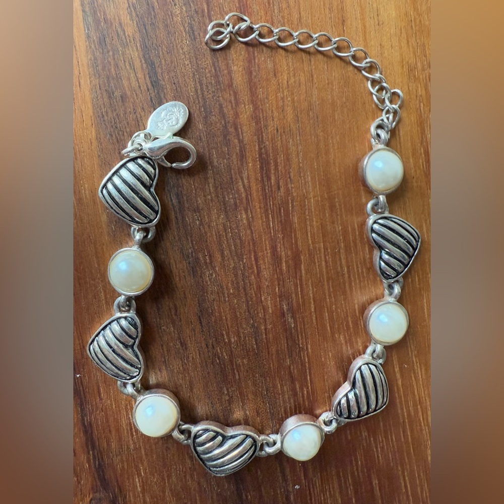 VTG Premier Designs Silver Tone Faux Pearl Bracelet Heart Love Valentine’s Day